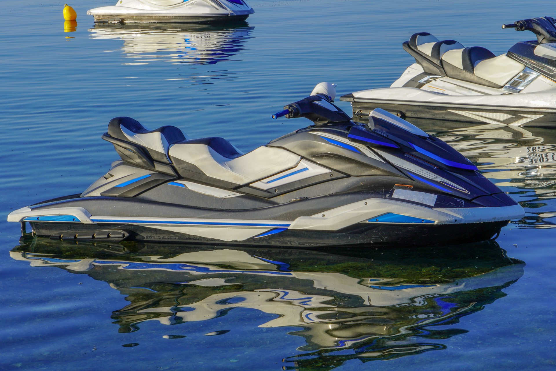 Jet ski on the water in the sea. Water active entertainment, active water sports.